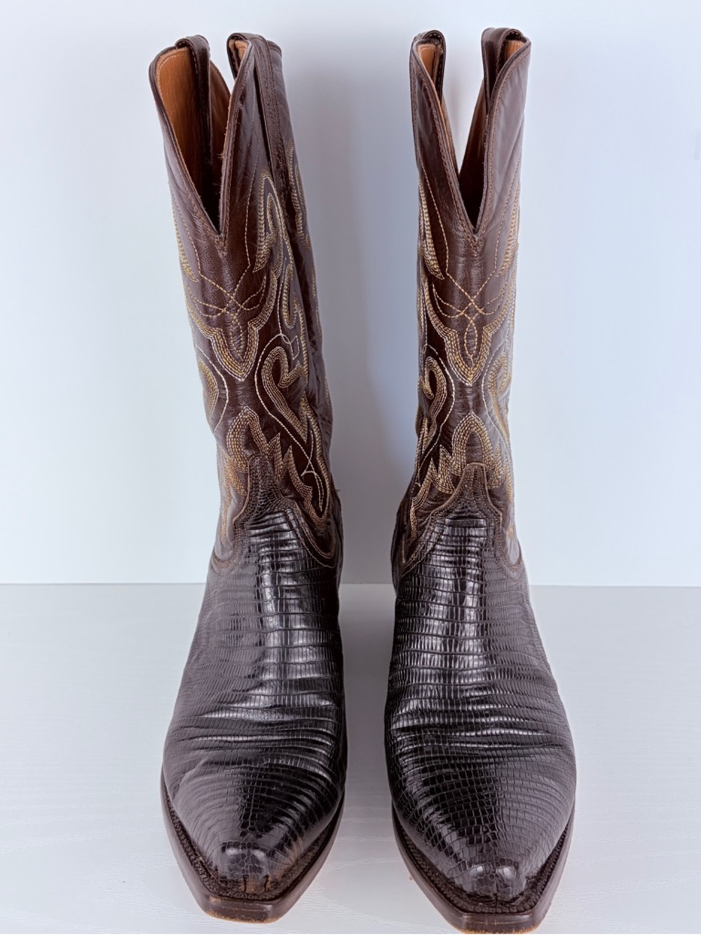 Ferrini Lizard Snip Toe Cowboy Boots Leather Brown Rodeo Boho 8.5 B - Picture 2 of 12